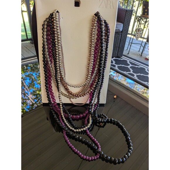 ZARA Necklaces Women's Pack Of 2 Multi-bead Plum Silver Bronze Black Faceted NEW - Picture 7 of 10